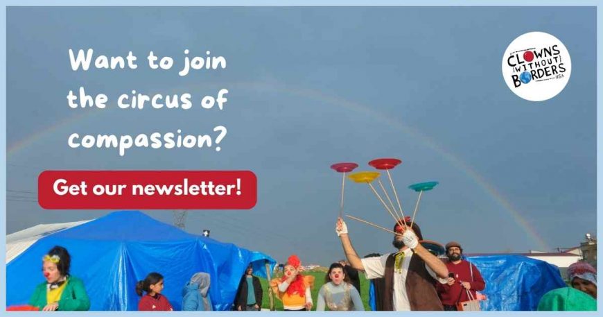 CWB Circus of Compassion banner with clown spinning plates in front of rainbow